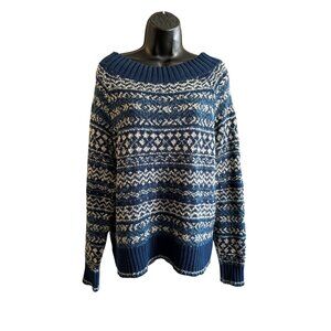 CHAPS Womens Sweater L Main Cabin Indigo Blue Fair Isle Scoop Neck